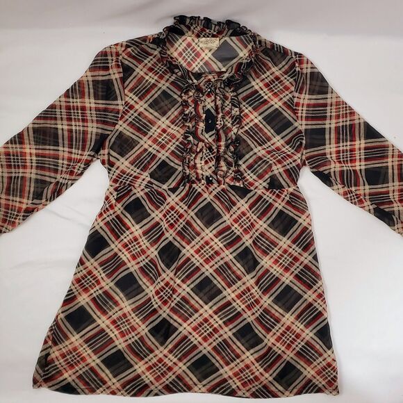 Daytrip By The Buckle BKE Womens Top L Plaid Ruffle Tie Sheer Poly Shirt Size - Picture 7 of 8